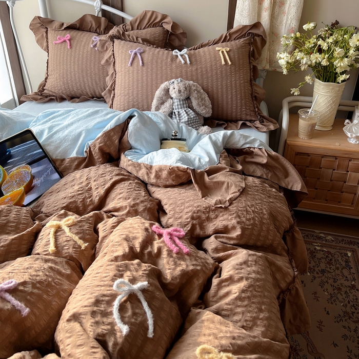 91家纺网 家纺一手货源 找家纺 顾里家纺 2026新款韩系仙女泡泡纱丝带四件套 奶咖丝带