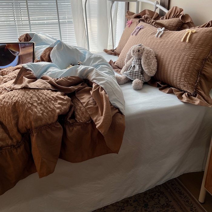 91家纺网 家纺一手货源 找家纺 顾里家纺 2026新款韩系仙女泡泡纱丝带四件套 奶咖丝带