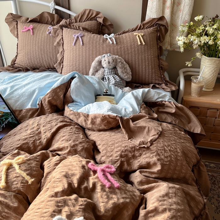 91家纺网 家纺一手货源 找家纺 顾里家纺 2026新款韩系仙女泡泡纱丝带四件套 奶咖丝带