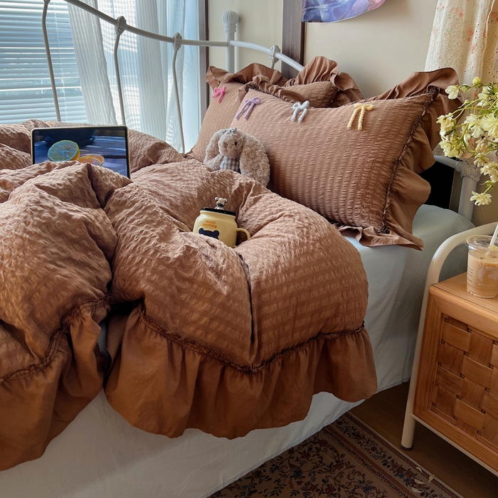 91家纺网 家纺一手货源 找家纺 顾里家纺 2026新款韩系仙女泡泡纱丝带四件套 奶咖丝带