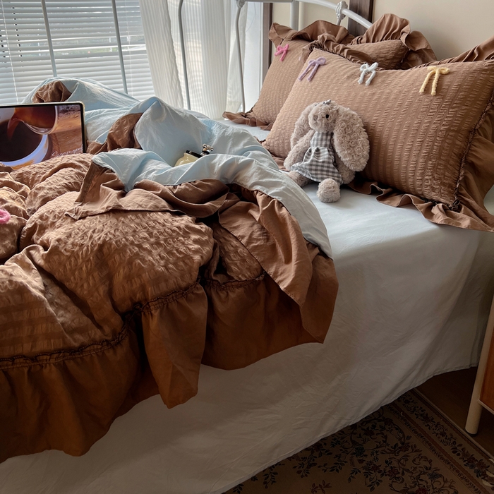 91家纺网 家纺一手货源 找家纺 顾里家纺 2026新款韩系仙女泡泡纱丝带四件套 奶咖丝带