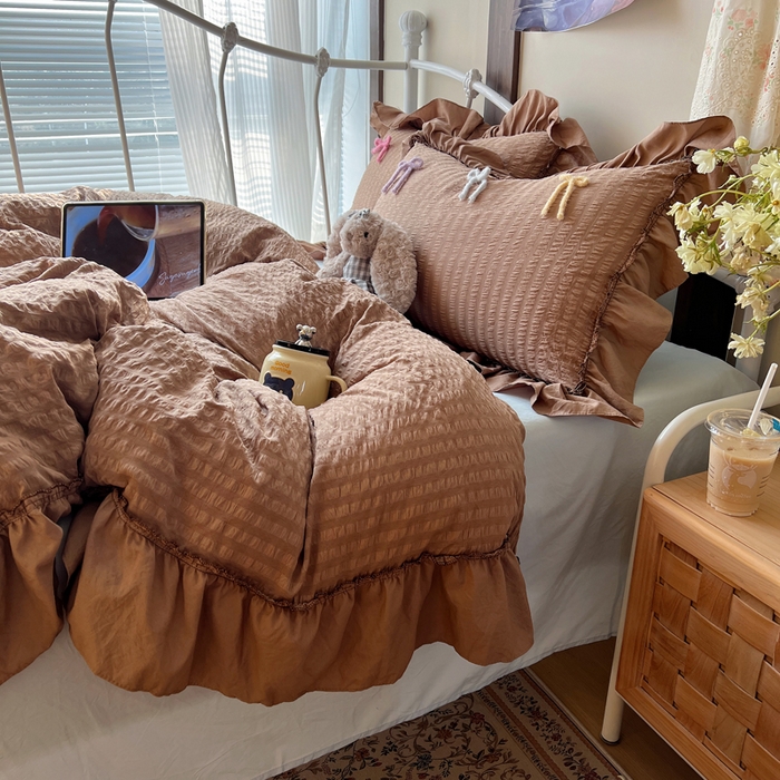 91家纺网 家纺一手货源 找家纺 顾里家纺 2026新款韩系仙女泡泡纱丝带四件套 奶咖丝带