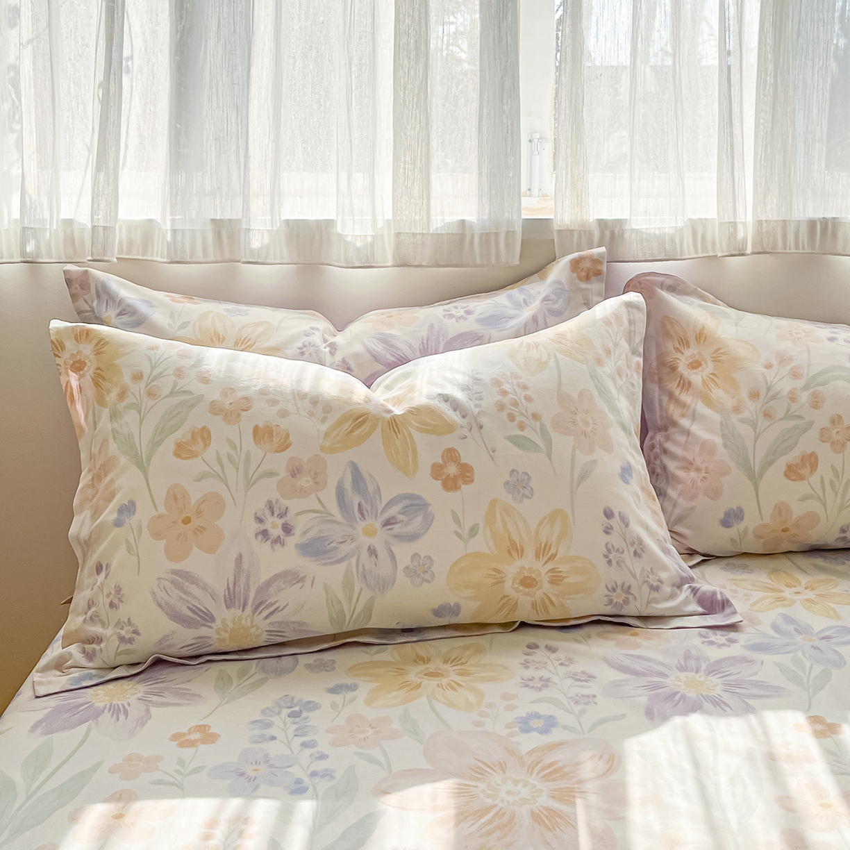 91家纺网 家纺一手货源 找家纺 女子家纺 2026新款全棉纯棉印花单品系列花卉款四件套 柔色花笺