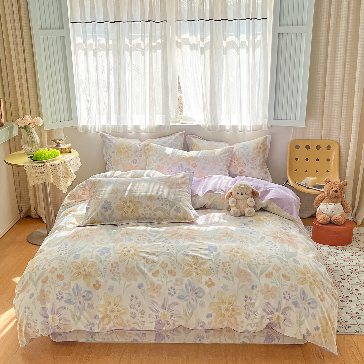 91家纺网 家纺一手货源 找家纺 女子家纺 2026新款全棉纯棉印花单品系列花卉款四件套 柔色花笺