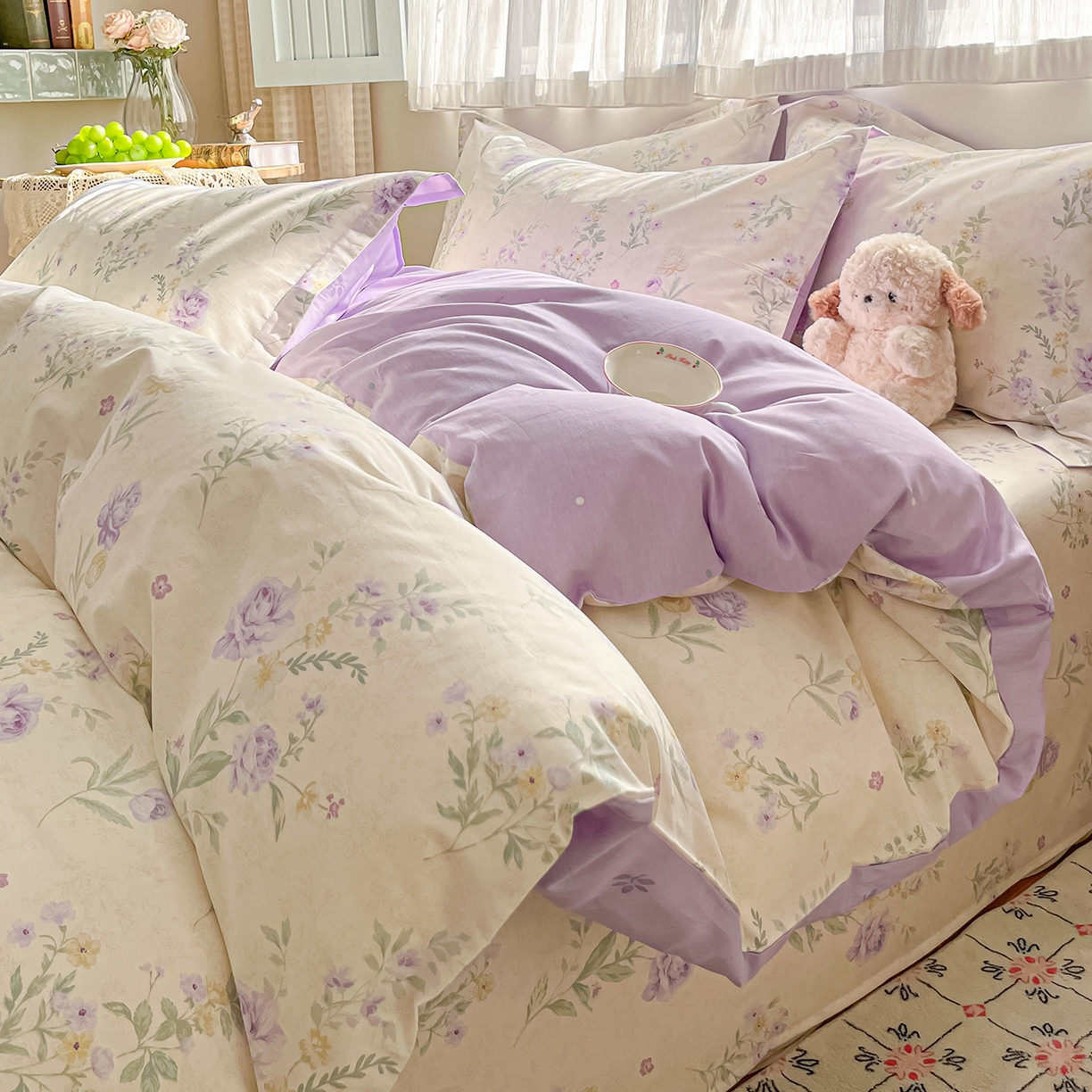 女子家纺 2026新款全棉纯棉印花单品系列花卉款四件套 芜晴花紫