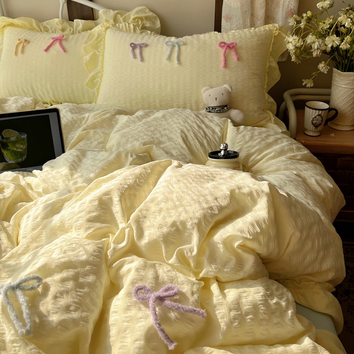 91家纺网 家纺一手货源 找家纺 顾里家纺 2026新款韩系仙女泡泡纱丝带四件套 奶油丝带