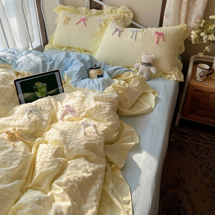 91家纺网 家纺一手货源 找家纺 顾里家纺 2026新款韩系仙女泡泡纱丝带四件套 奶油丝带