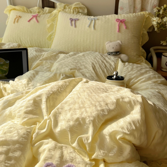 91家纺网 家纺一手货源 找家纺 顾里家纺 2026新款韩系仙女泡泡纱丝带四件套 奶油丝带