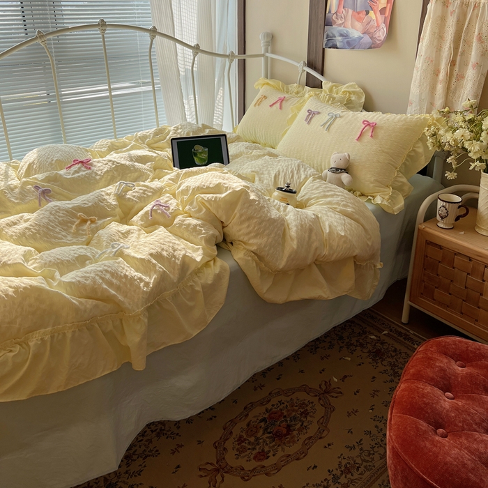 91家纺网 家纺一手货源 找家纺 顾里家纺 2026新款韩系仙女泡泡纱丝带四件套 奶油丝带