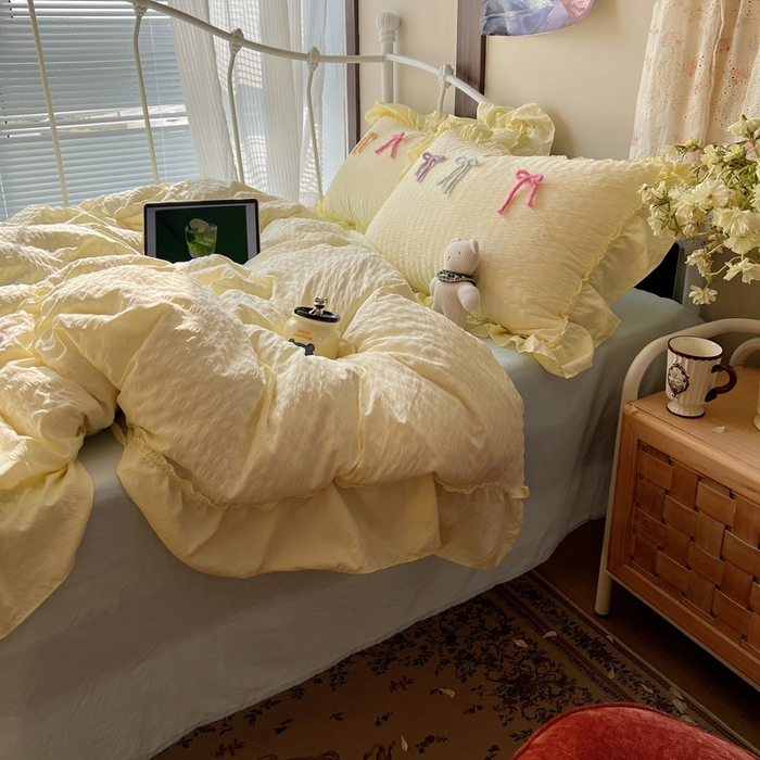 91家纺网 家纺一手货源 找家纺 顾里家纺 2026新款韩系仙女泡泡纱丝带四件套 奶油丝带