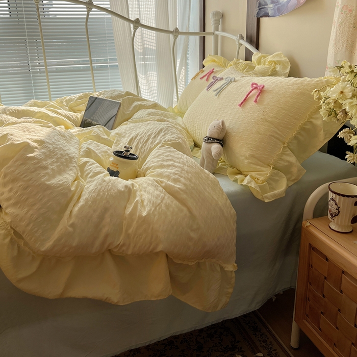 91家纺网 家纺一手货源 找家纺 顾里家纺 2026新款韩系仙女泡泡纱丝带四件套 奶油丝带