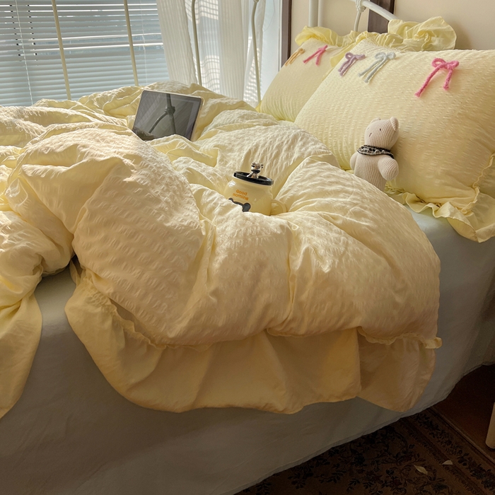 91家纺网 家纺一手货源 找家纺 顾里家纺 2026新款韩系仙女泡泡纱丝带四件套 奶油丝带