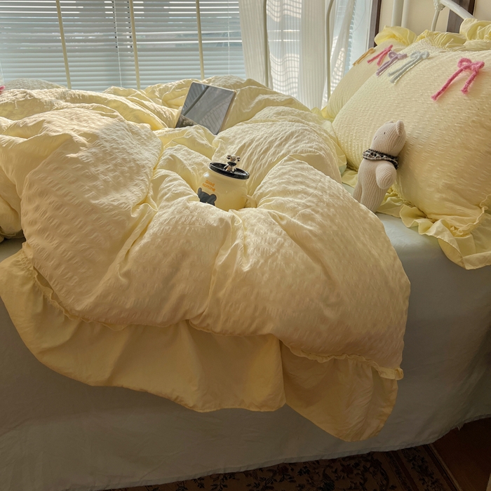 91家纺网 家纺一手货源 找家纺 顾里家纺 2026新款韩系仙女泡泡纱丝带四件套 奶油丝带