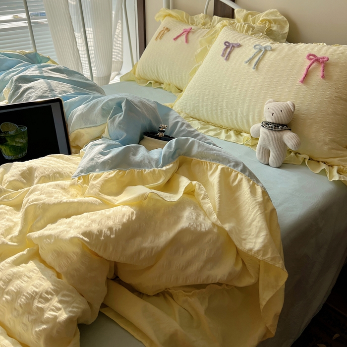 91家纺网 家纺一手货源 找家纺 顾里家纺 2026新款韩系仙女泡泡纱丝带四件套 奶油丝带