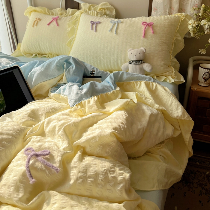 91家纺网 家纺一手货源 找家纺 顾里家纺 2026新款韩系仙女泡泡纱丝带四件套 奶油丝带