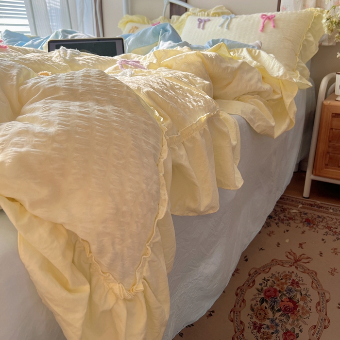 91家纺网 家纺一手货源 找家纺 顾里家纺 2026新款韩系仙女泡泡纱丝带四件套 奶油丝带