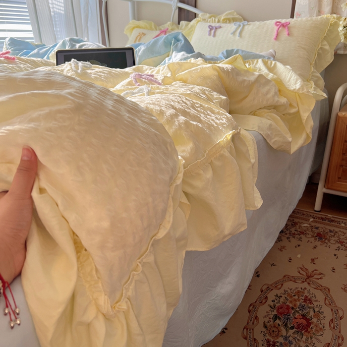 91家纺网 家纺一手货源 找家纺 顾里家纺 2026新款韩系仙女泡泡纱丝带四件套 奶油丝带