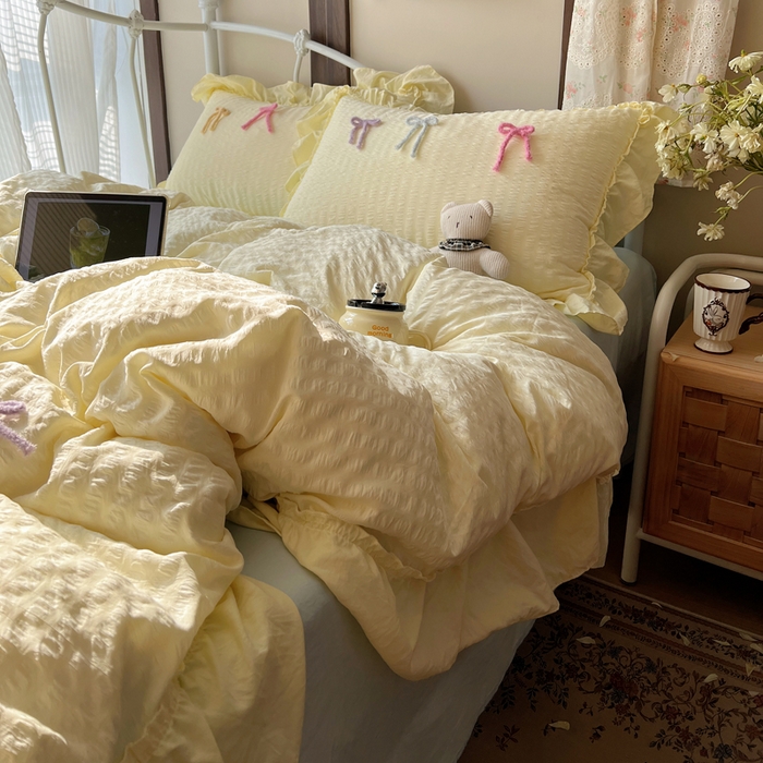 91家纺网 家纺一手货源 找家纺 顾里家纺 2026新款韩系仙女泡泡纱丝带四件套 奶油丝带