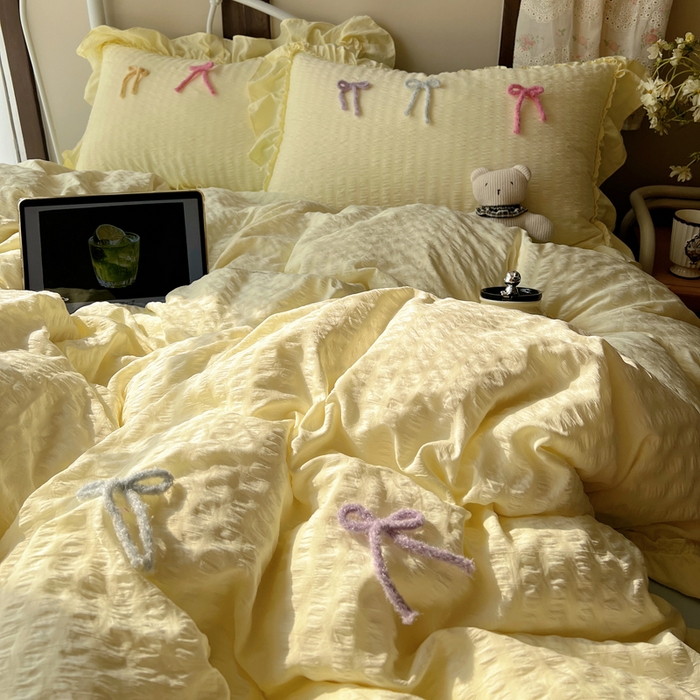 91家纺网 家纺一手货源 找家纺 顾里家纺 2026新款韩系仙女泡泡纱丝带四件套 奶油丝带