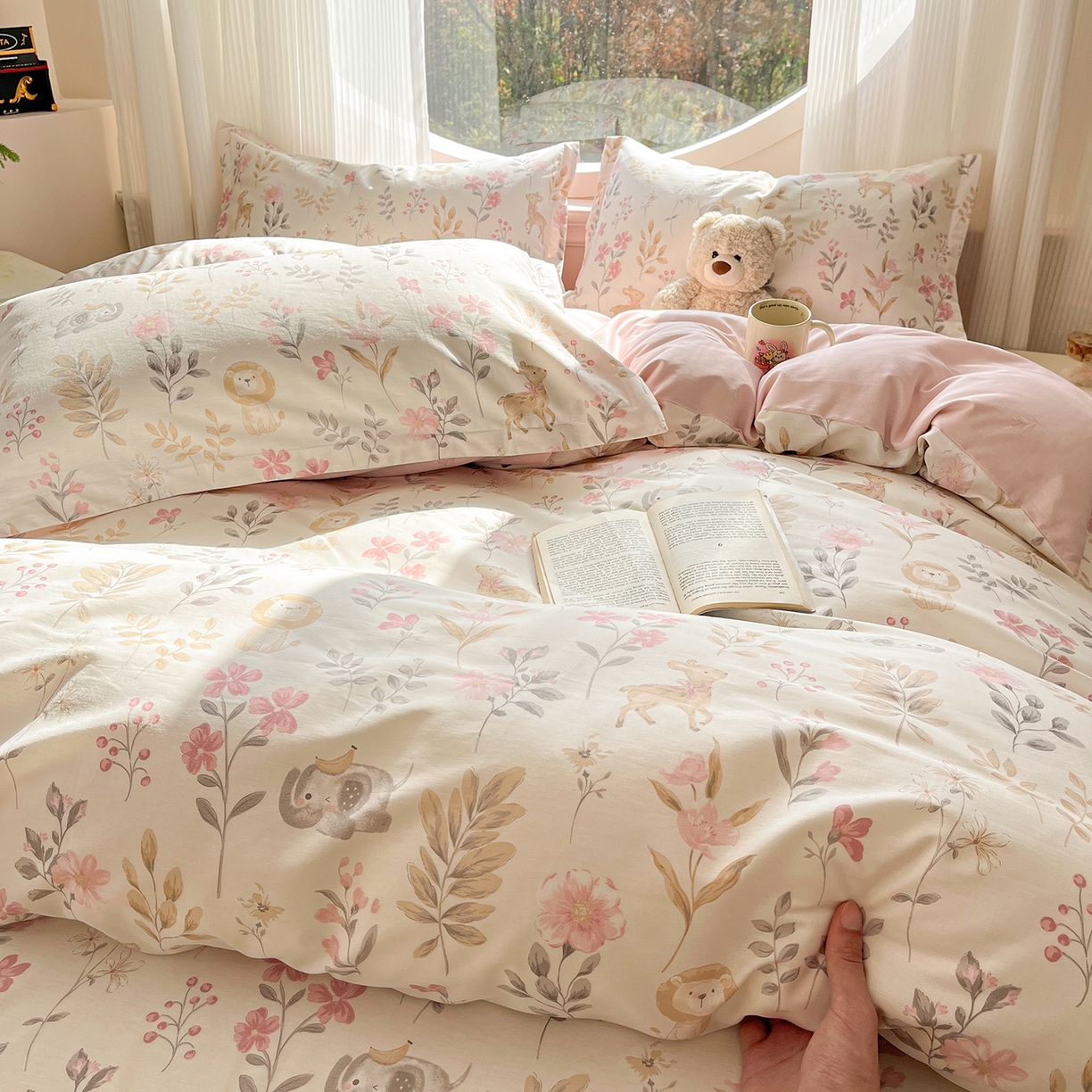 91家纺网 家纺一手货源 找家纺 女子家纺 2026新款全棉纯棉印花单品系列花卉款四件套 自然手记粉