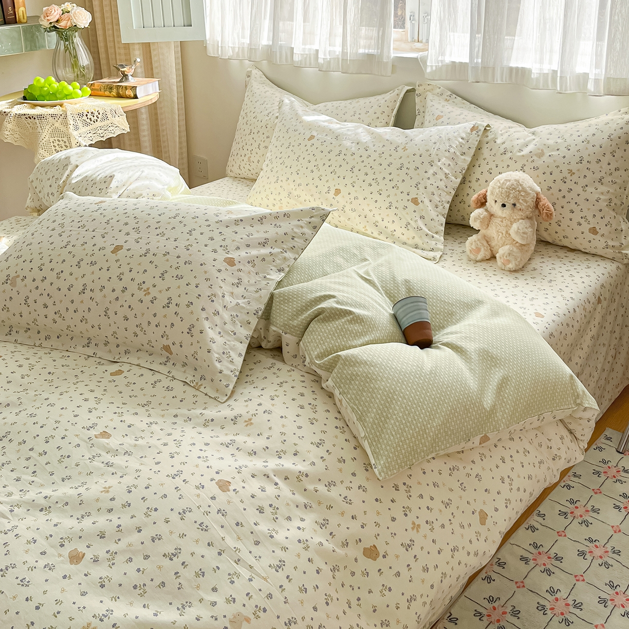 91家纺网 家纺一手货源 找家纺 女子家纺 2026新款全棉纯棉印花单品系列花卉款四件套 微花耳耳蓝