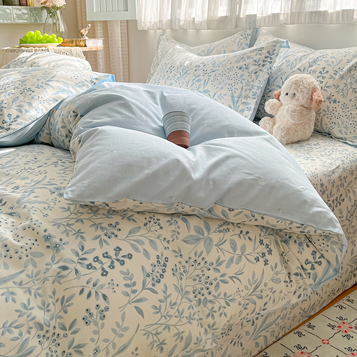 91家纺网 家纺一手货源 找家纺 女子家纺 2026新款全棉纯棉印花单品系列花卉款四件套 蓝沫