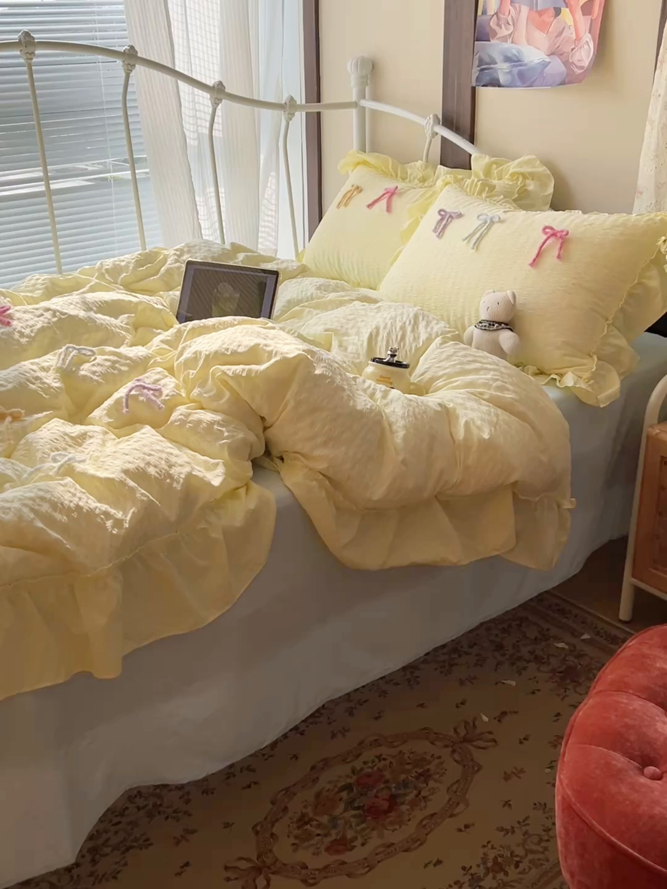 91家纺网 家纺一手货源 找家纺 顾里家纺 2026新款韩系仙女泡泡纱丝带四件套 奶油丝带