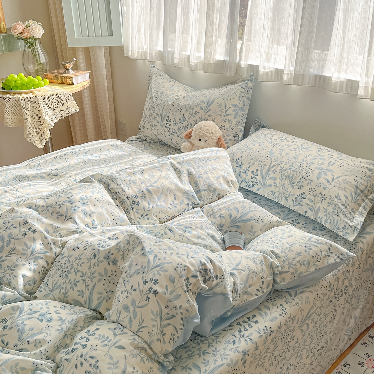 91家纺网 家纺一手货源 找家纺 女子家纺 2026新款全棉纯棉印花单品系列花卉款四件套 蓝沫