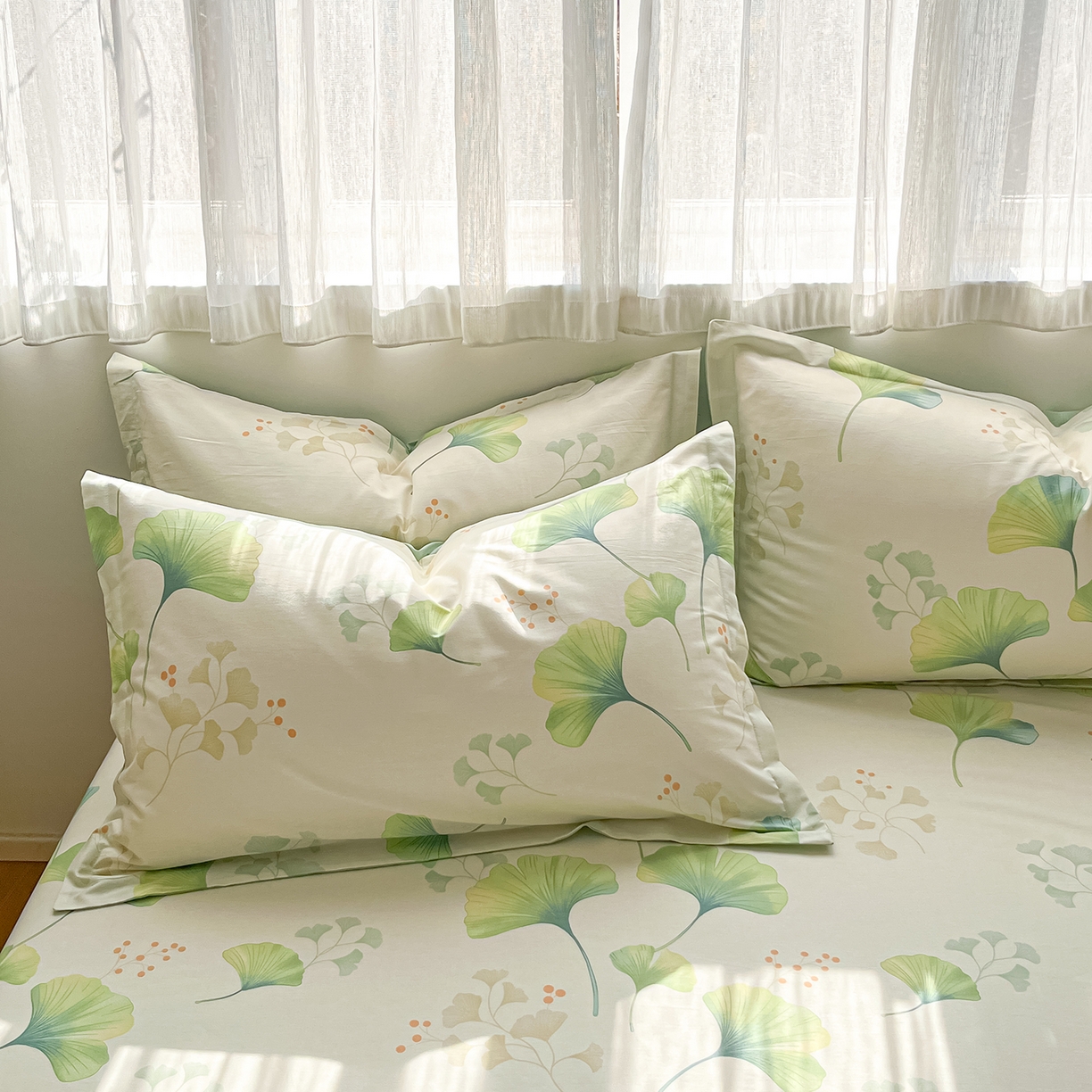 91家纺网 家纺一手货源 找家纺 女子家纺 2026新款全棉纯棉印花单品系列花卉款四件套 青绿银杏