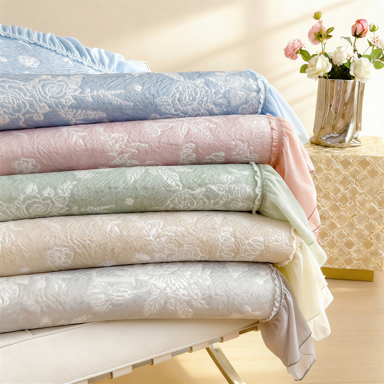 91家纺网 家纺一手货源 找家纺 慕木家纺 2026新款A类三明治复合乙纶提花冰豆豆花边床盖款床迪奥风系列（提供买家秀） 组合图仅展示