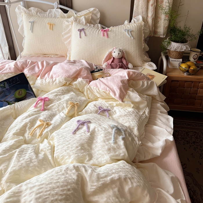 顾里家纺 2026新款韩系仙女泡泡纱丝带四件套 香草丝带