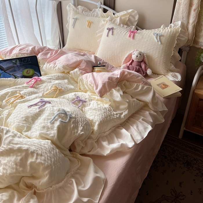 91家纺网 家纺一手货源 找家纺 顾里家纺 2026新款韩系仙女泡泡纱丝带四件套 香草丝带