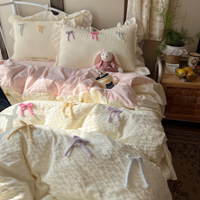 91家纺网 家纺一手货源 找家纺 顾里家纺 2026新款韩系仙女泡泡纱丝带四件套 香草丝带