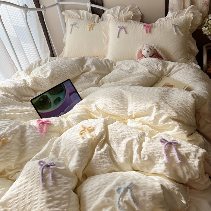 91家纺网 家纺一手货源 找家纺 顾里家纺 2026新款韩系仙女泡泡纱丝带四件套 香草丝带