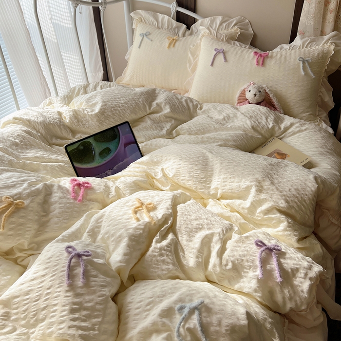 91家纺网 家纺一手货源 找家纺 顾里家纺 2026新款韩系仙女泡泡纱丝带四件套 香草丝带