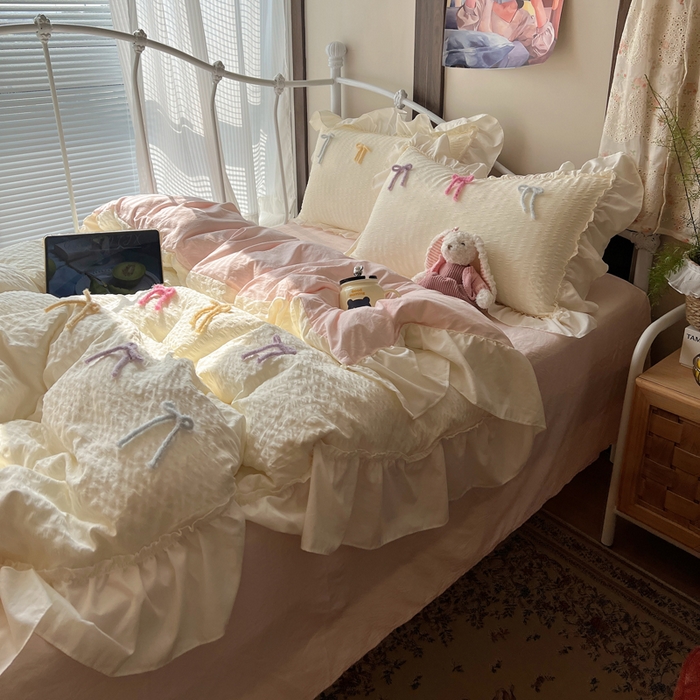 91家纺网 家纺一手货源 找家纺 顾里家纺 2026新款韩系仙女泡泡纱丝带四件套 香草丝带