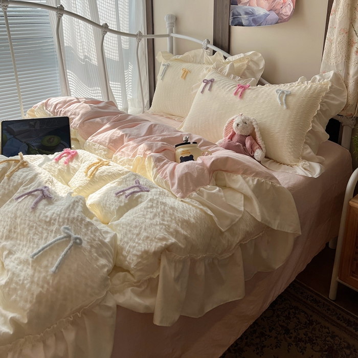 91家纺网 家纺一手货源 找家纺 顾里家纺 2026新款韩系仙女泡泡纱丝带四件套 香草丝带