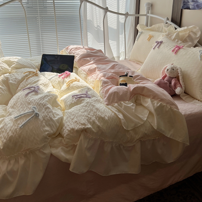 91家纺网 家纺一手货源 找家纺 顾里家纺 2026新款韩系仙女泡泡纱丝带四件套 香草丝带