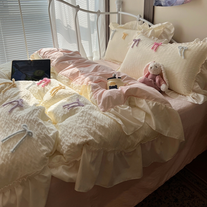 91家纺网 家纺一手货源 找家纺 顾里家纺 2026新款韩系仙女泡泡纱丝带四件套 香草丝带