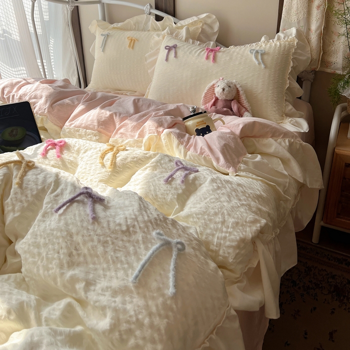 91家纺网 家纺一手货源 找家纺 顾里家纺 2026新款韩系仙女泡泡纱丝带四件套 香草丝带