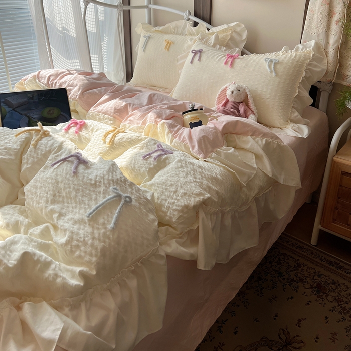 91家纺网 家纺一手货源 找家纺 顾里家纺 2026新款韩系仙女泡泡纱丝带四件套 香草丝带