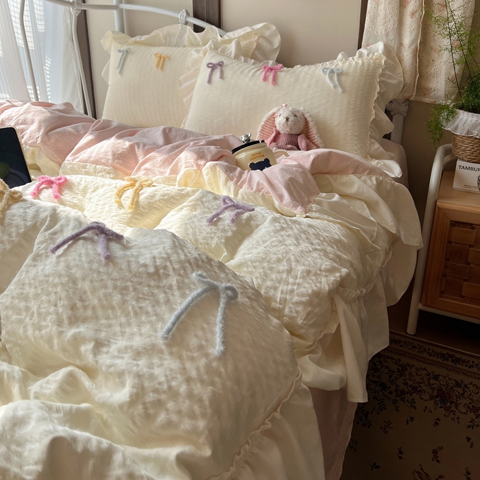 91家纺网 家纺一手货源 找家纺 顾里家纺 2026新款韩系仙女泡泡纱丝带四件套 香草丝带