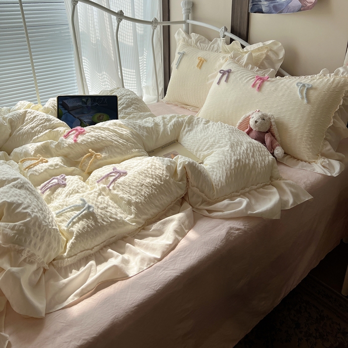 91家纺网 家纺一手货源 找家纺 顾里家纺 2026新款韩系仙女泡泡纱丝带四件套 香草丝带