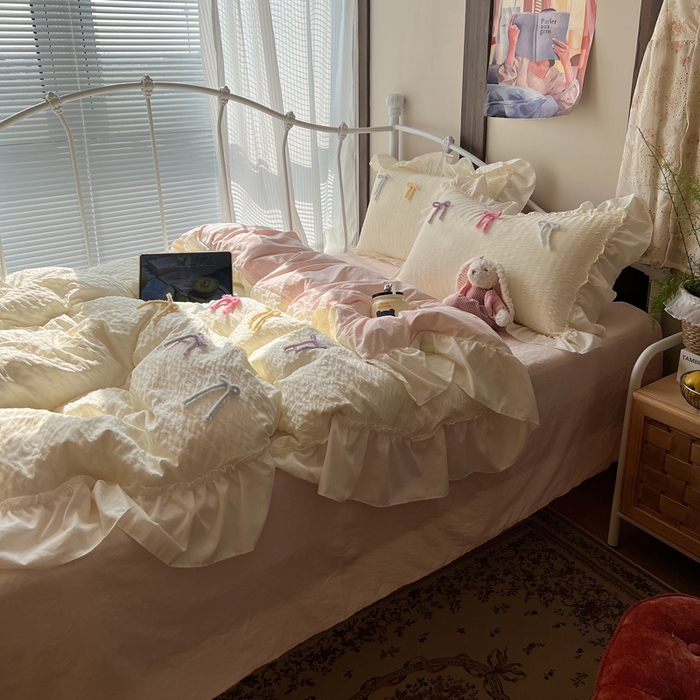 91家纺网 家纺一手货源 找家纺 顾里家纺 2026新款韩系仙女泡泡纱丝带四件套 香草丝带