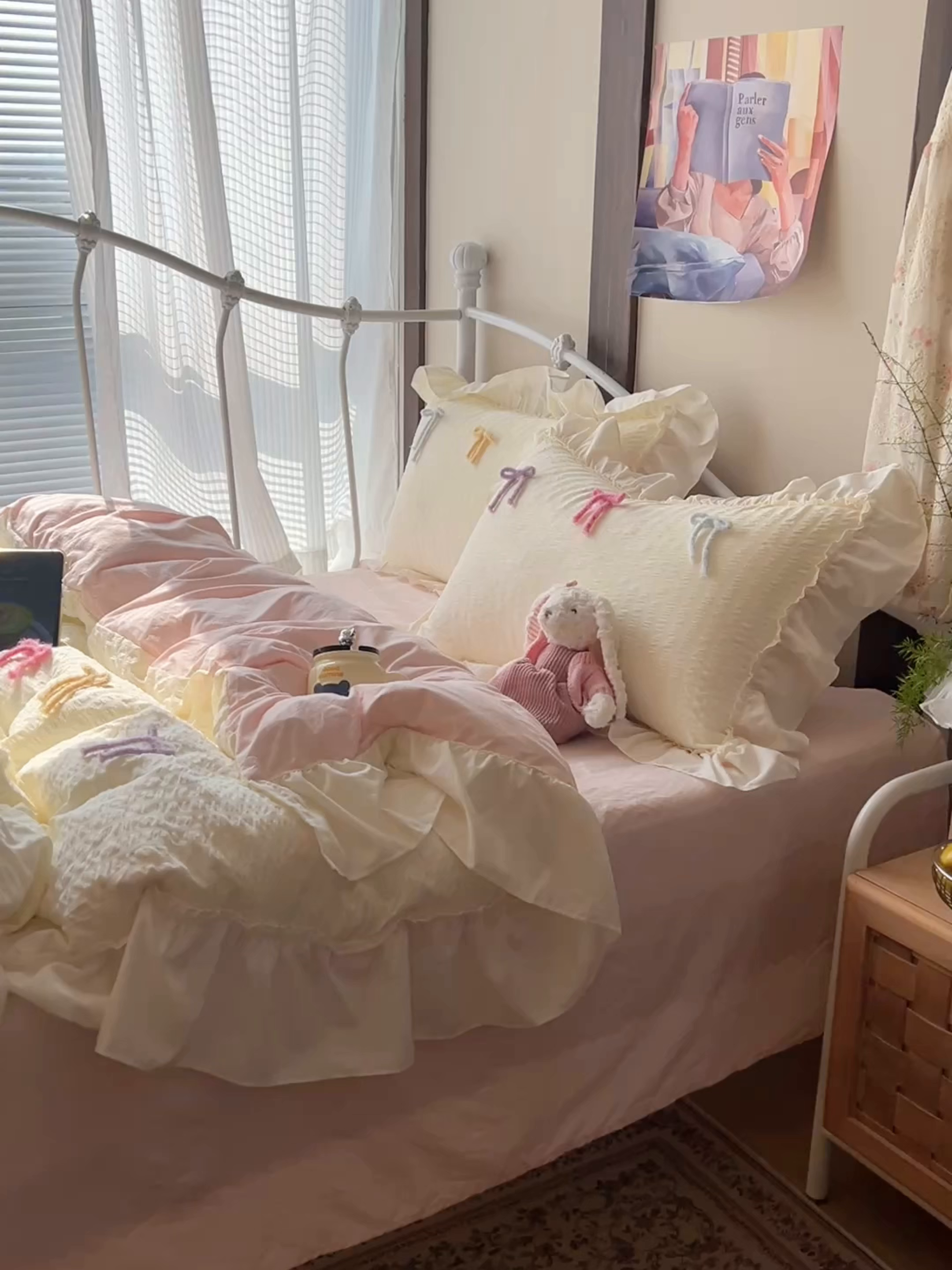 91家纺网 家纺一手货源 找家纺 顾里家纺 2026新款韩系仙女泡泡纱丝带四件套 香草丝带