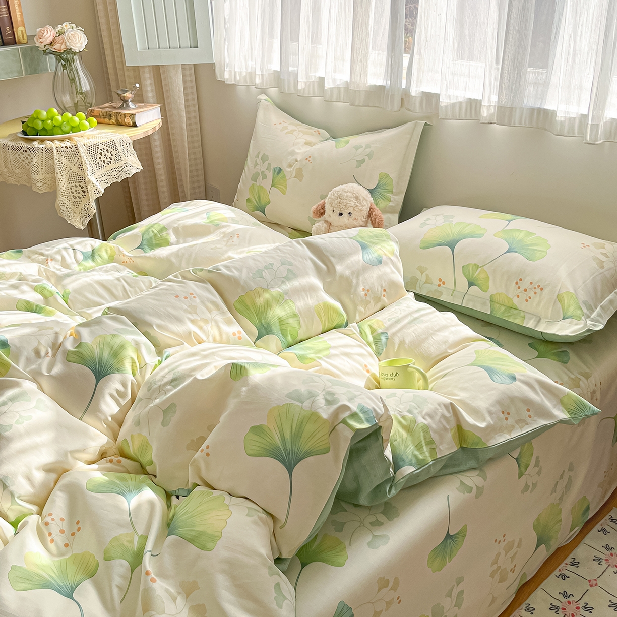 91家纺网 家纺一手货源 找家纺 女子家纺 2026新款全棉纯棉印花单品系列花卉款四件套 青绿银杏