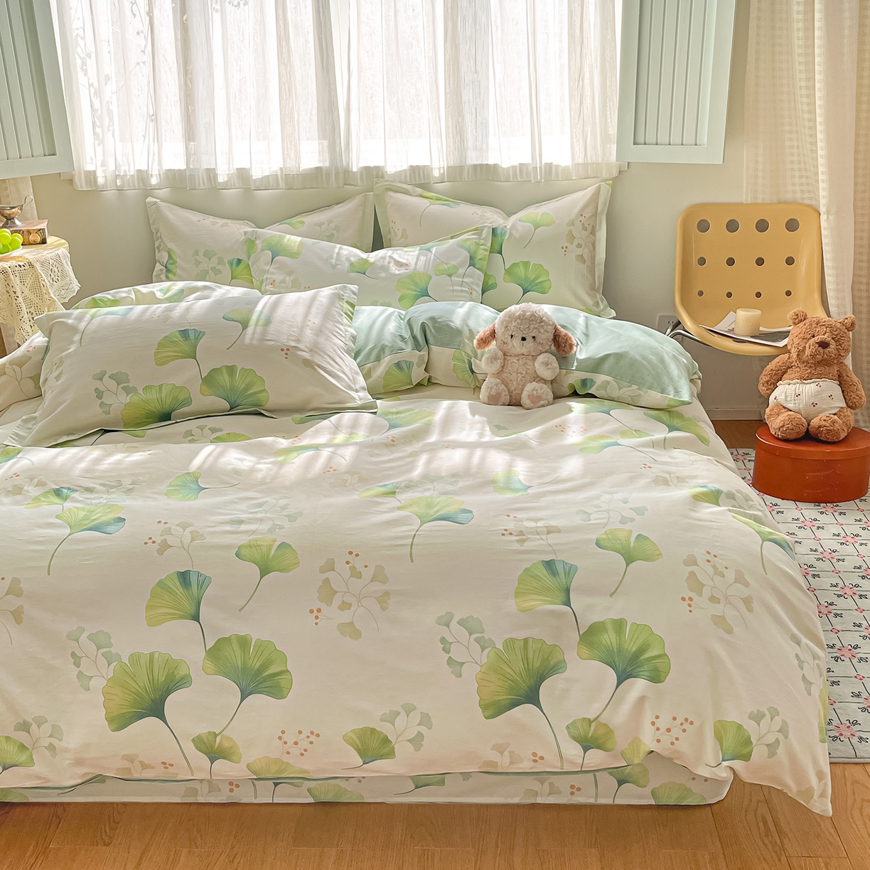 91家纺网 家纺一手货源 找家纺 女子家纺 2026新款全棉纯棉印花单品系列花卉款四件套 青绿银杏