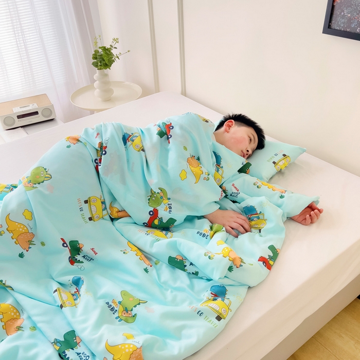 91家纺网 家纺一手货源 找家纺 萌朵防踢被 2025新款儿童竹纤维防踢夏被儿童夏被空调被睡袋防踢被 恐龙飞车