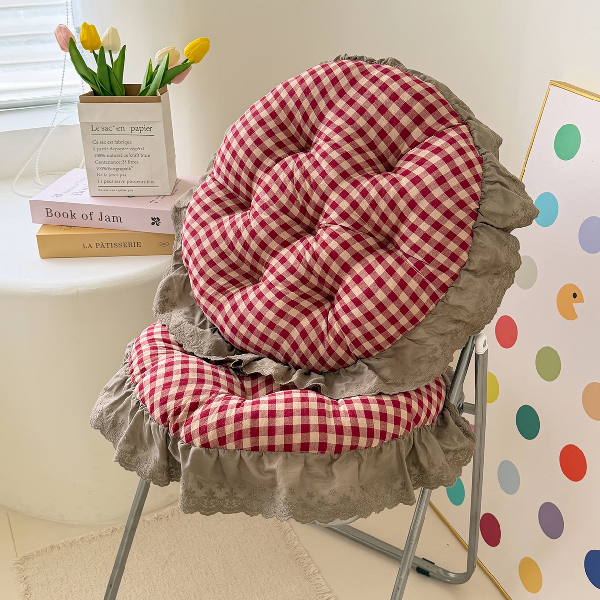 91家纺网 家纺一手货源 找家纺 座享家 2026新款全棉色织大花边蒲团 红格