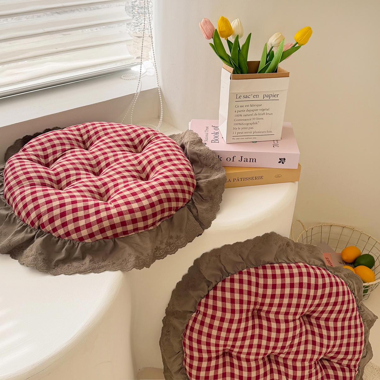 91家纺网 家纺一手货源 找家纺 座享家 2026新款全棉色织大花边蒲团 红格